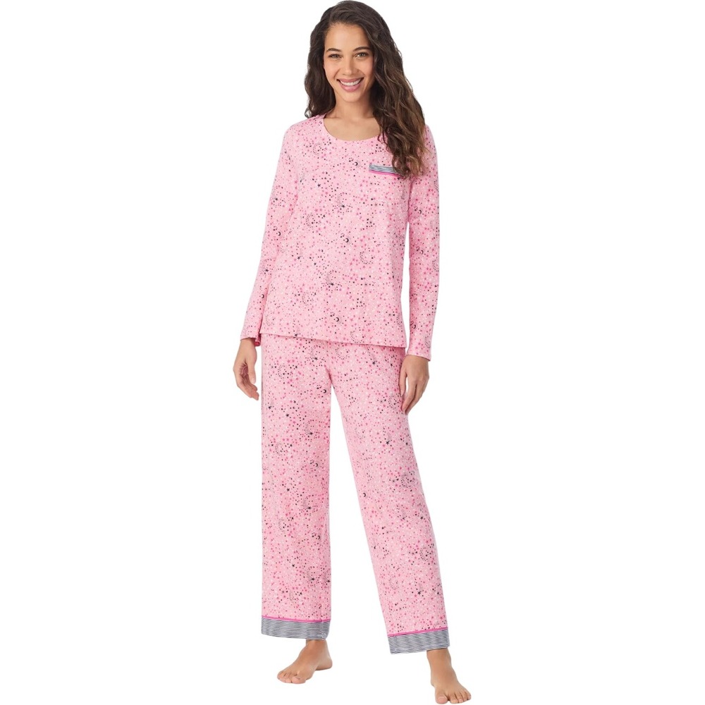 Cuddl Duds Womens Pink Star Celestial Pajama Set Long Sleeve Top Pants Large